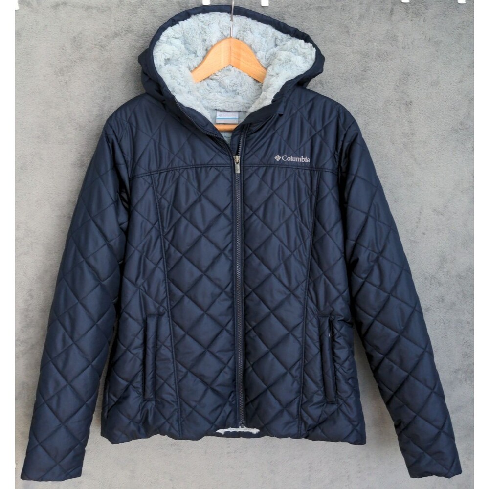 Columbia Quilted Puffer Jacket Womens Large L Blue Faux Fur Lined Hooded XK0551